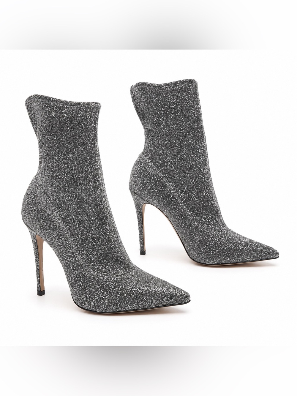 $258 SCHUTZ Silver Metallic Stretch Heeled Ankle Booties 9.5 NWT